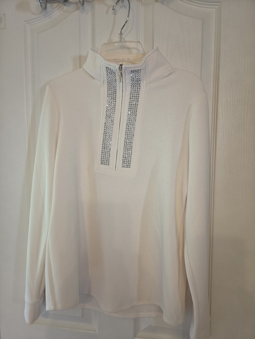Chico's White Crystal-Trim Half-Zip Pullover